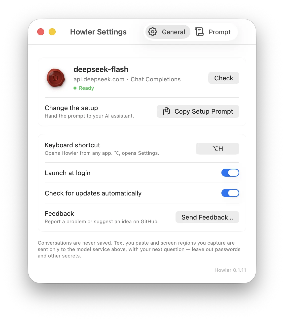 Howler Settings, General tab: the model with its host, status, Check and Copy Setup Prompt, then the shortcut, launch at login, automatic updates and feedback
